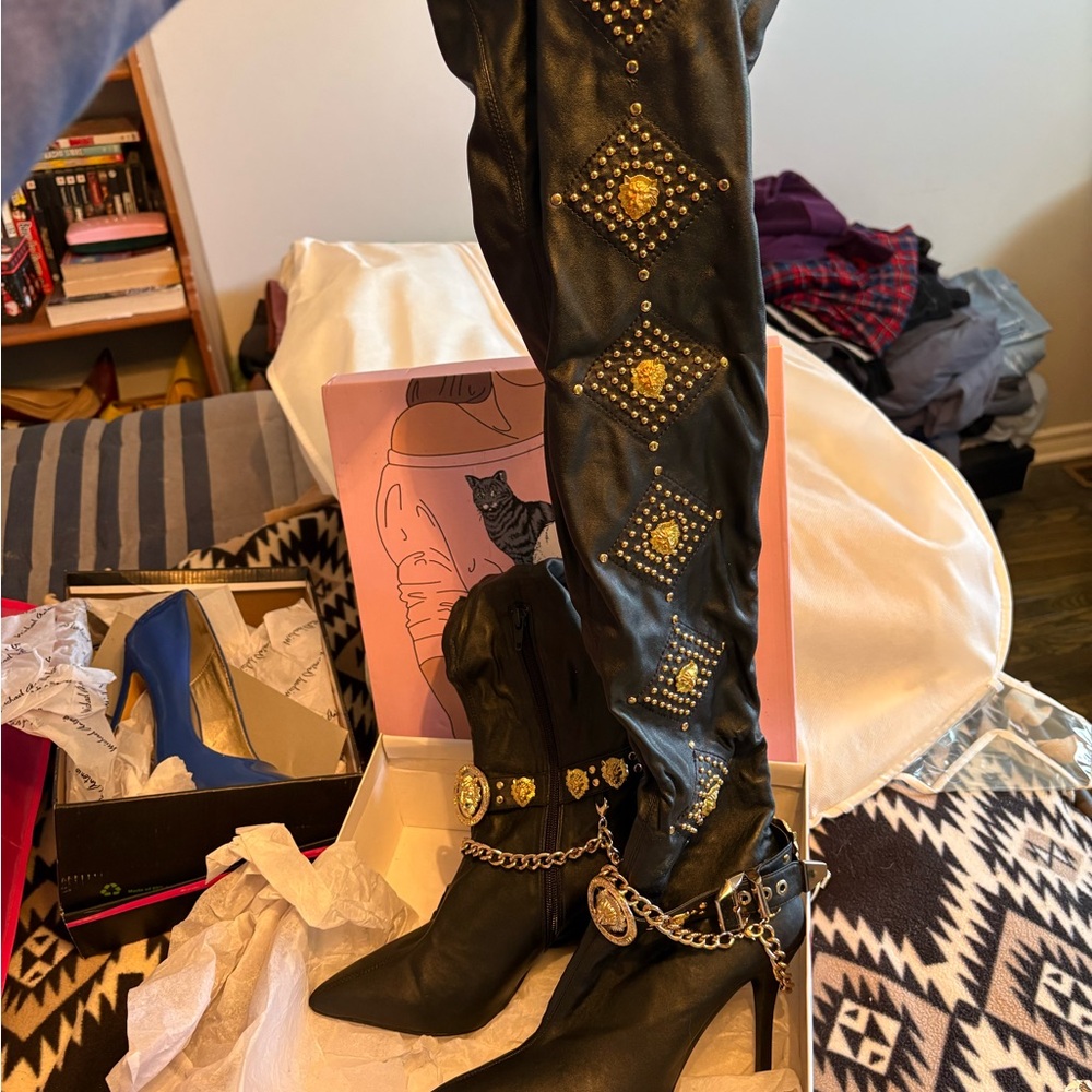 Jeffrey Campbell Black and Gold Over the Knee Boots
